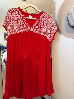 J. Marie  Red V-Neck Embroidered Tassel Tunic